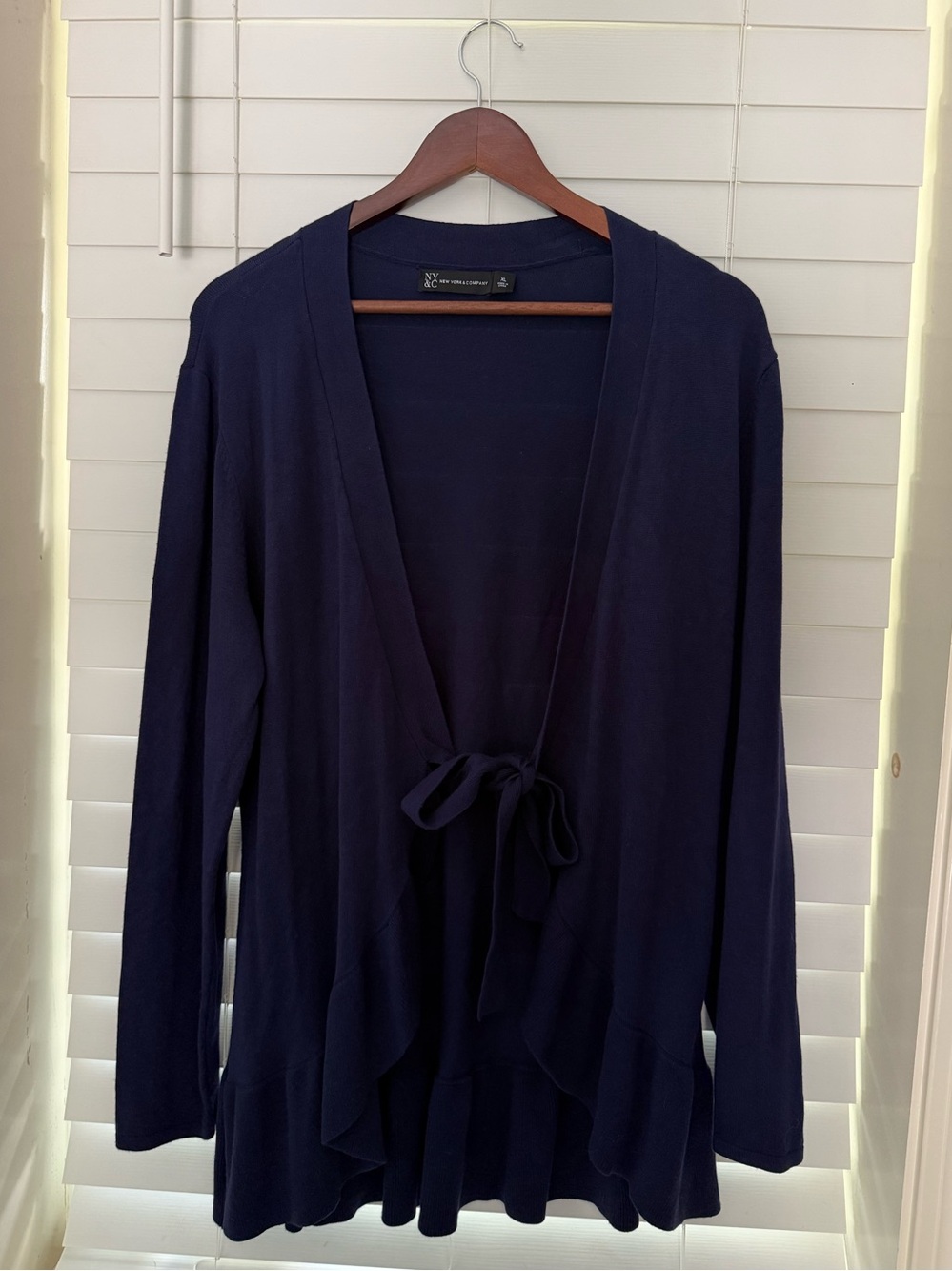 New York & Co Tie-Front Closure Ruffled Hem Cardigan